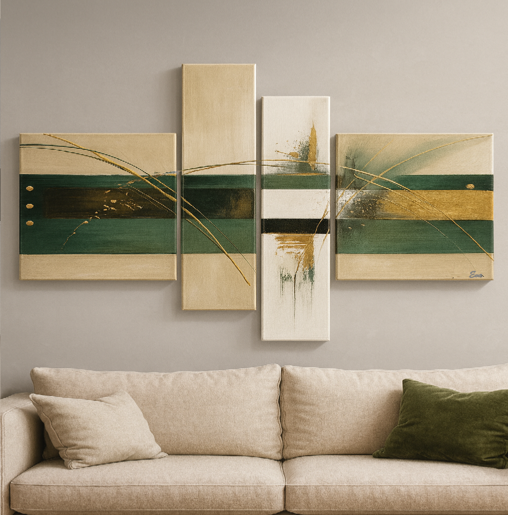 Tableau abstrait taupe ivoire noir et or – Art mural chic et intemporel peint à la main