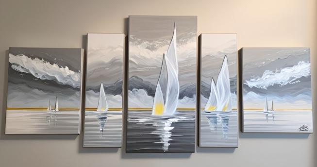 Tableau marine design gris jaune moutarde - Artiste Eva Jekins 