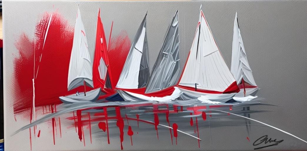 Tableau peinture marine rouge gris 100x50 cm- Artiste Eva Jekins 