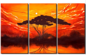 Tableau triptyque design Arbre soleil levant.