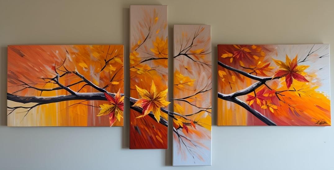 Tableau peinture orangé arbre et feuilles peint main
